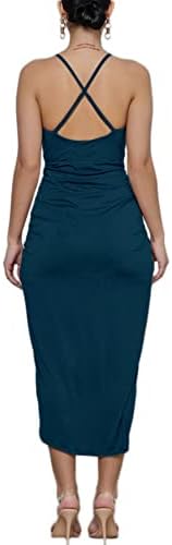 LYANER Women's Boho V-Neck Ruched Slit Hem Midi Bodycon Dress