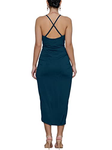Lyaner Women's V Neck Ruched Wrap Slit Hem Sleeveless Spaghetti Strap Midi Bodycon Dress Dark Teal Large #TOP1