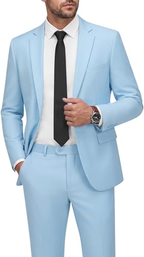 WEEN CHARM Mens Suits Slim Fit 2 Piece Tuxedo One Button Wedding Prom Party Blazer Jacket Trousers Set Light Blue