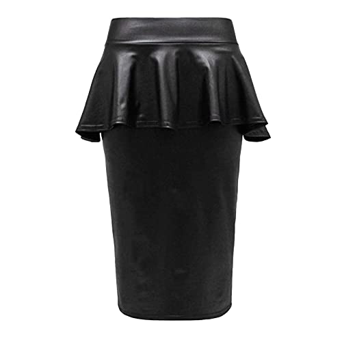 Image of FAIRY TRENDZ LTD Women Ladies PVC Wet Leather Look Midi Frill Peplum Plus Size Skirt 8-26(Black UK 12-14)