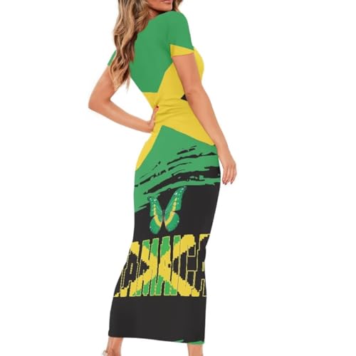 Image of Womens Short Sleeve Jamaican Flag Midi Bodycon Dress | Soft stretchy fabric,crew neck,jamaican print casual date night cocktail party, elegant chic, spring summer fall all season