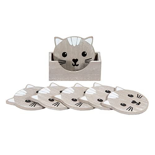 SPOTTED DOG GIFT COMPANY - Untersetzer aus Holz - im Katzen-Design - für Tassen, Becher und Gläser - Geschenk für Katzenliebhaber und Katzenbesitzer - Grau - 6er-Set Cover