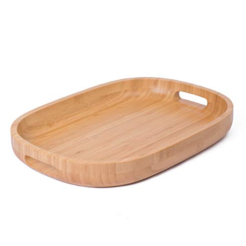 Bamboo Wood Serving Tray with Handles - Rustic Breakfast Tray Ottoman Tray Decorative Oval Butler Tray for Food, Coffee and Tea - 17