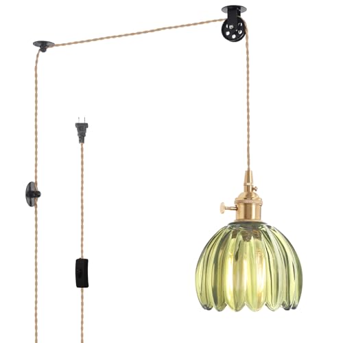 Image of Shenmoyl Plug in Pendant Light Hanging Light Fixture Corded On /Off Switch Brass Pendant Light with Green Tulip Glass Lampshade for Bedroom Living Room Kitchen Island