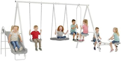 Outsunny 693 lbs Metal Swing Set for Kids 5 in 1 Outdoor Playset, Gray