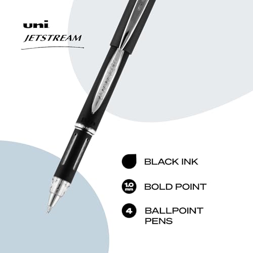 Image of uniball Jetstream Ballpoint Pens, Medium Point (1.0mm), Black, 4 Pack | Hybrid ink: gel smoothness with ballpoint quick-dry speed, smudge-resistant for left-handed writers, uni Super Ink protection