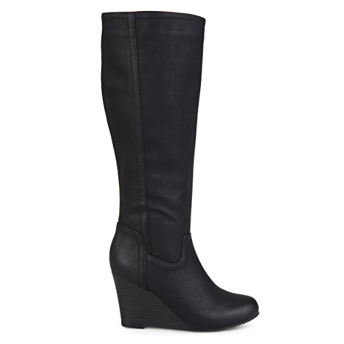 Brinley Co. Womens Regular and Wide Calf Round Toe Faux Leather Mid-calf Wedge Boots Black, 7.5 Regular US