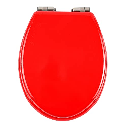 HEXABERIE - Abattant WC avec Frein de Chute ROUGE | Lunette Forme en O | Charnières Inox Ajustables à Déblocage Rapide | Facile à Installer | Siège Bois MDF Premium | Supporte 160 kg