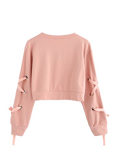SweatyRocks Women's Casual Lace up Long Sleeve Pullover Crop Top Sweatshirt (Large, Pink#1)