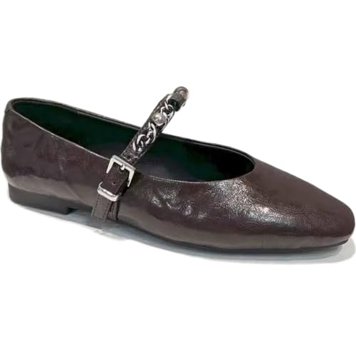 Retro Mary Jane Flats for Women with Metal Buckle Beaded Decoration Rounded-Toe Genuine Leather Shoes Comfort & Stylish