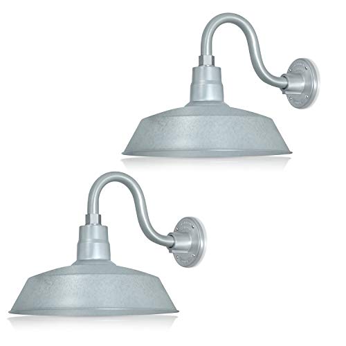 Image of 14in. Galvanized Finish Outdoor Gooseneck Barn Light Fixture With 10in. Long Extension Arm - Wall Sconce Farmhouse, Antique Style - UL Listed - 9W 900lm A19 LED Bulb (5000K Cool White) - 2-Pack