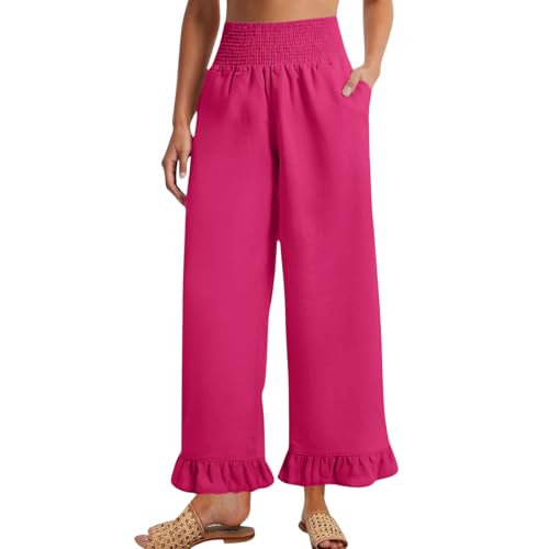 Image of Palazzo Pants for Women Linen Smocked Elastic Waist Ruffle Wide Leg Pants Summer Beach Flowy Boho Pant with Pockets