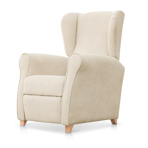 SUENOSZZZ-ESPECIALISTAS DEL DESCANSO Sillón Relax orejero Irene reclinable con Patas de Madera, Relax nórdico tapizado en Tela Antimanchas Beige