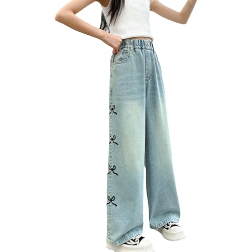 Girls Kids Baggy Wide Leg Jeans Elastic Waist Washed Denim