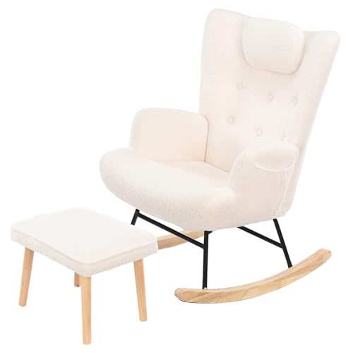 jeerbly Mecedora de peluche, acolchada, con taburete y cojín, para salón, dormitorio, silla de 64 x 96 x 85 cm, soporta 130 kg (estilo F, beige)
