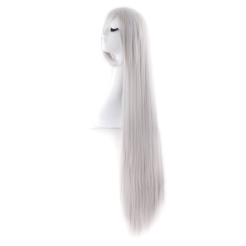Image of MapofBeauty 40 Inch Oblique Bangs Anime Long Straight Wig, Silver Gray