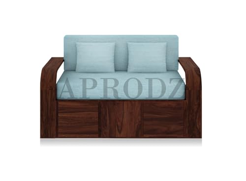 Image of APRODZ Sheesham Wood Sofa Cum Bed, 2 Seater, Walnut Finish with Turquoise Upholstery (75 x 51 x 30 Inch)