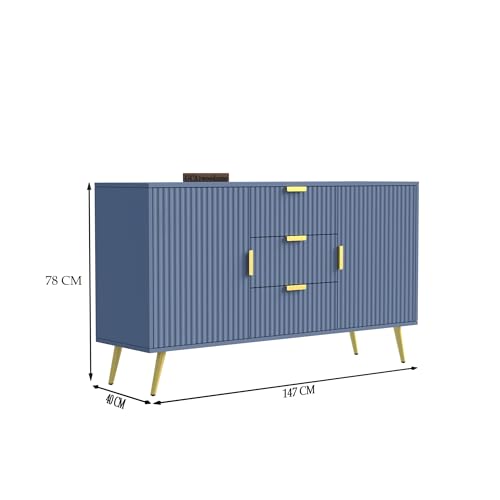 Image of Wooden Sideboard Cabinet for Living Room | Side Board with 3 Drawers & 2 Doors Cabinet Storage for Dining, Drawing and Home Office | HDMR Premium Wood & Iron | Dark Grey & Golden