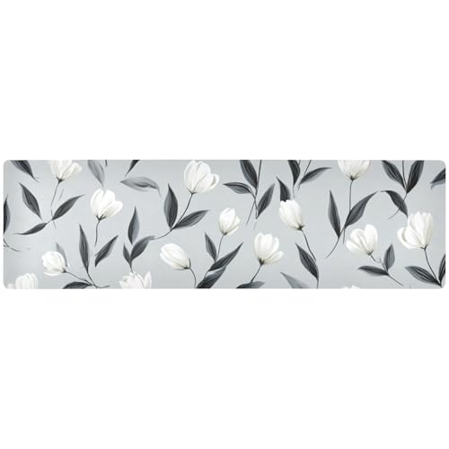 QwThum Light Gray Tulip Flowers Table Runner 39.3 x11.8 IN Long Trivet Runner Heat Resistant for Hot Dish Pots Pans 2 in 1 Trivet Pot Holder Anti Slip Waterproof Decor Hot Plates Mat Kitchen Counterto