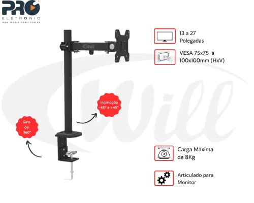 Suporte Articulado de Mesa para Monitor de 13 a 27 Polegadas Pro Eletronic PQSM-MO01 Com Passa Cabo
