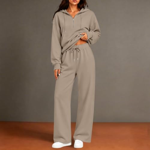 XINGJIAARTS Matching Sweat Sets For Women Gym Half Zip Hooded Lounge Set Loose Wide Leg Sweatpants Workout Travel Tracksuit Khaki Large - image 4