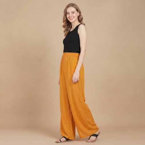 Image of FASHION GALLERY Women's Solid Rayon Palazzo Pants | Relaxed Fit Full Length Wide Leg Palazzo | Elastic Waist Comfortable Casual Lounge Office Ethnic Flared Trousers for Women