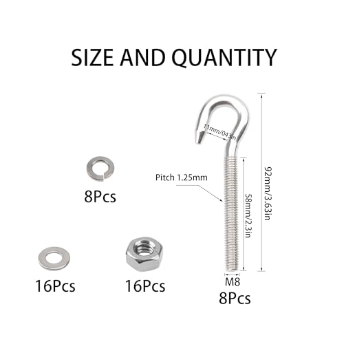 Image of 8Pcs M8 Hook Bolt 304 Stainless Steel Eye Ring Screw-in Hooks with Washers Nut Metric Thread