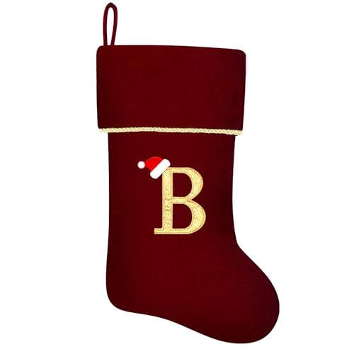 Subyan 20 Inches Initial Monogram Wine Red Christmas Stocking, Personalized Large Embroidered Letter Velvet Christmas Stocking with Gold Trim Decoration for Family Christmas Holiday Party Decor(B)