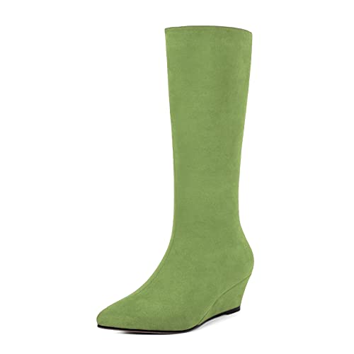 SKYSTERRY Womens Pointed Toe Suede Casual Dating Zip Wedge Low Heel Mid Calf Boots 2 Inch