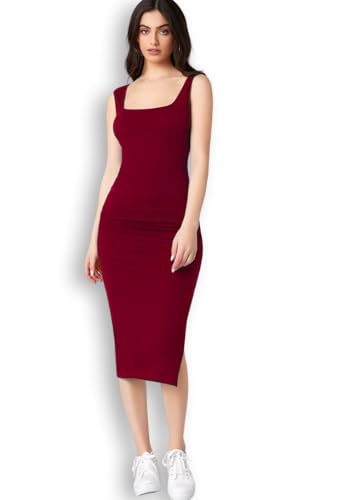 Image of rosery paris Square Neck Sleeveless Black Bodycon Dress for Women and Casual wear