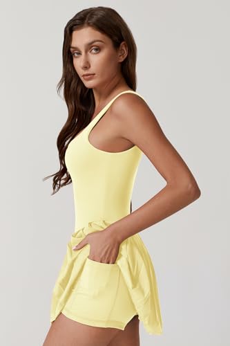 Image of QINSEN Womens Square Neck Tennis Dress Pleated Sleeveless Built in Shorts Golf Athletic Dress with Pockets