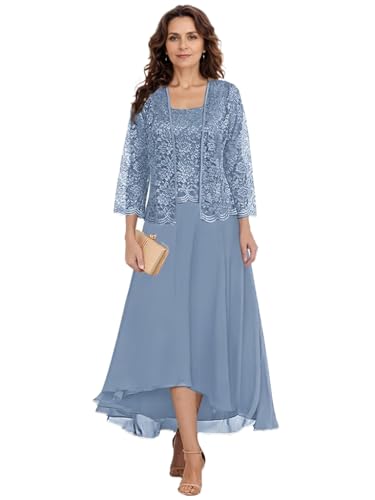 Tea Length Mother of The Bride Dresses with Jacket Floral Lace 2 PCs Formal Evening Gowns for Wedding Guest3