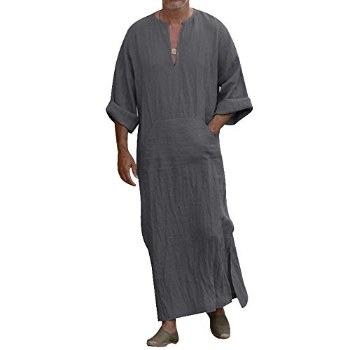 laamei Herren Kaftan Robes Ethnische Roben Baumwolle Leinen V-Ausschnitt Arab Nachtwäsche Indian Muslim Herrenhemd Lange Bademäntel Morgenmäntel Cover