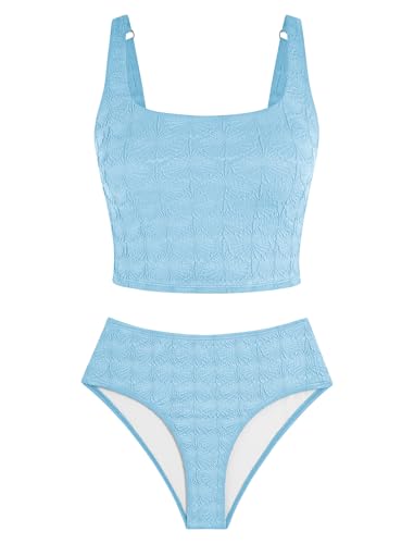 ZAFUL Womens Tankini Swimsuits Tummy Control Bathing Suits Textured Two Piece Swimsuit Cute Swim Suit Tankini Top with High Waisted Bottom Swimwear Blue Medium