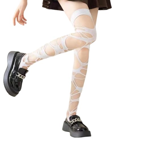 Halloween White Ripped Over-the-knee Socks, Hollow Out Fishnet Tights Lace Sheer Pantyhose for Women,Ragged Pantyhose Hosiery Cosplay Punk Stockings for Women