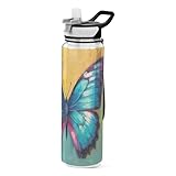 FLildon Butterfly Painting Water Bottle with Straw Lid 32oz Leakproof Clear Gym Water Bottles for Women Men Outdoor Sport Drinking
