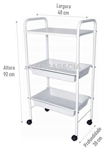 CARRINHO AUXILIAR 1 TAMPO MDF E 2 BANDEJAS PLÁSTICAS BRANCO