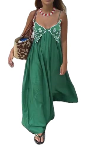 UAURORAO Women Koi Fish Maxi Dress 3D Embroidered Sardine Long Cami Dress Spaghetti Strap Boho Flowy Vacation Sundress(Koi Green,Medium)