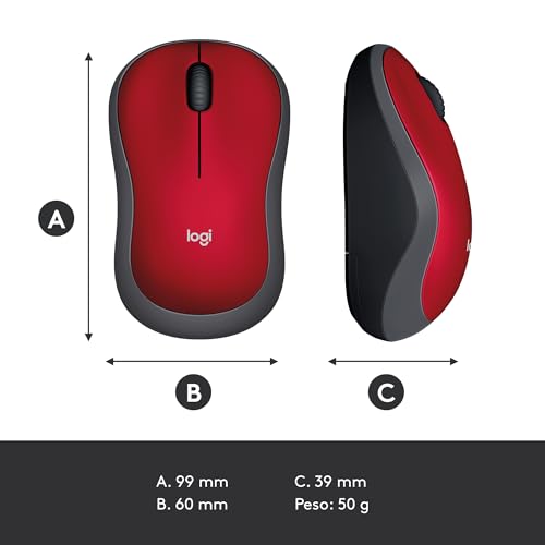 Mouse sem fio Logitech M185 2.4GHz com receptor USB, Design Ambidestro Compacto, Conexão USB e Pilha Inclusa - Vermelho glide