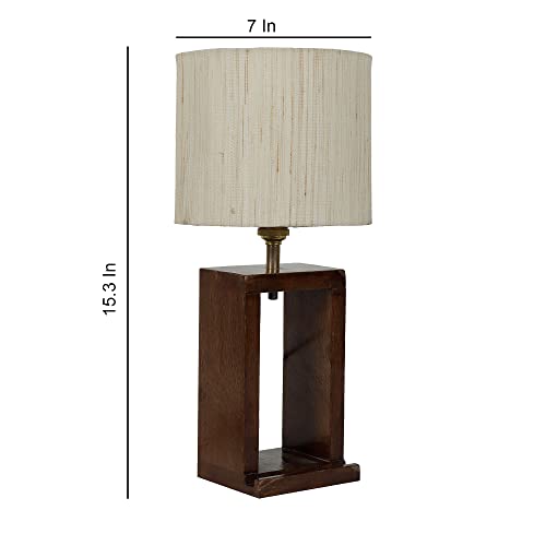 Image of tu casa Wooden Table Lamp with Off-White Cotton Fabric Shade | Bedside Night Lamp for Bedroom & Living Room | Decorative Wooden Nightstand & Study Table Lamp for Home Decor & Gifting