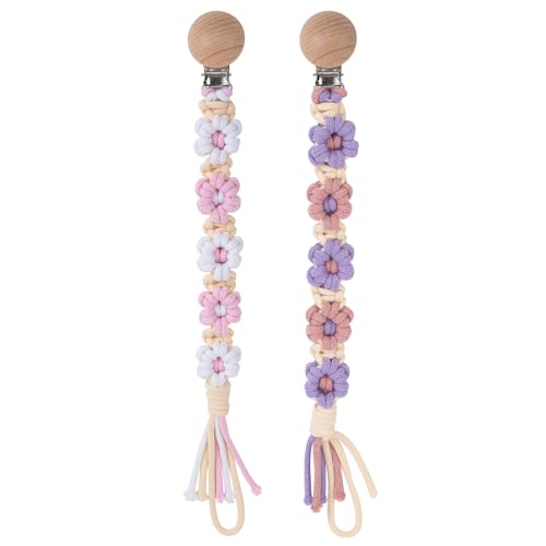 Image of Symbolife Pacifier Clip for Boys Girls Floral Daisy Macrame Baby Paci Clip Pacifier Holder Leash Boho Wooden Clips Handmade Braided Cotton Binky Clips (2pack:Pink Daisy & Lavender Style B)