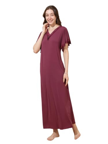 Image of 9shines Label Stylish Soft Modal Maxi Nighty | Honeymoon Nighty | Full Length Trendy Nightgown | V-Neck Lace | Premium Nightdress | Soft Long Nightdress | Maxi Gown Nightwear for Women (Malai Satin)