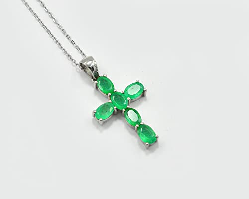 May Birthstone Natural 6X4 MM Oval Zambian Emerald Gemstone Cross Pendant Necklace 925 Sterling Silver Emerald Jewelry Birthday Gift For Wife2