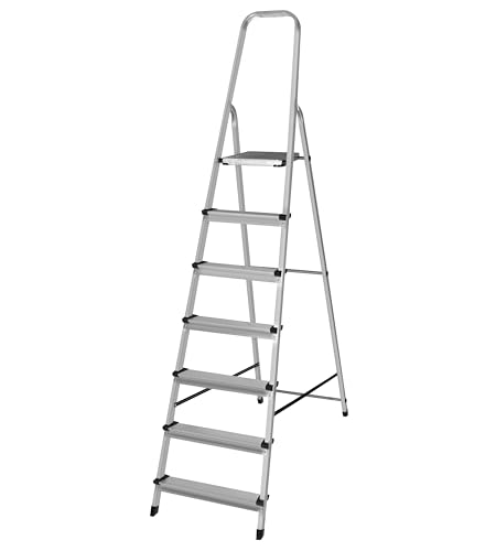 HR Hogar - Escalera Plegable 7 Peldaños de Aluminio Homologada - Fabricada en Europa - Antideslizante, Resistente y Segura - Carga máx. 150 kg, Altura útil: 147 cm