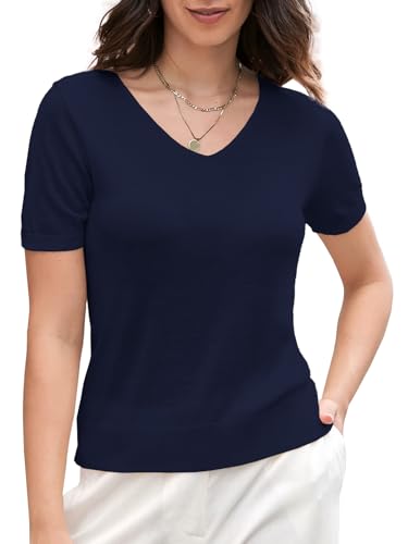 Image of SANGTREE Women's Short Sleeve Sweaters V Neck Casual Knit Pullover Tops | Perfect as a lightweight sweater for spring /summer or as a layering piece. Ideal for office, daily, holiday, home etc