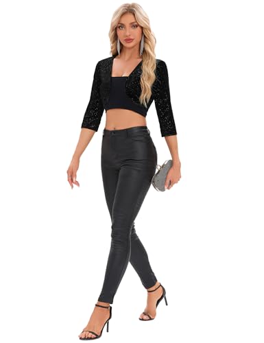 Image of Women's Shrug Cropped 3 /4 Sleeve Front Open Velvet Silver Cardigan Sprinkled Elegant High End Party Top