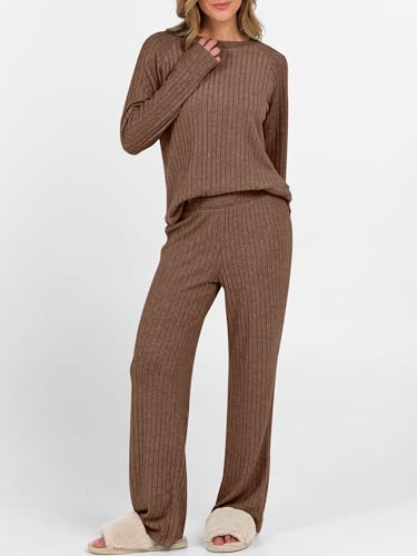 ANRABESS Womens 2 Piece Lounge Pajama Sets Ribbed Knit Long Sleeve Tunic Tops Matching Pants Casual Fall Sleepwear Outfits3