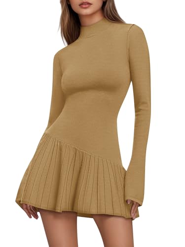 Women's Sweater Dress Crochet Ribbed Knit Ruffle Hem Flared Long Sleeve Mock Neck Mini Dress
