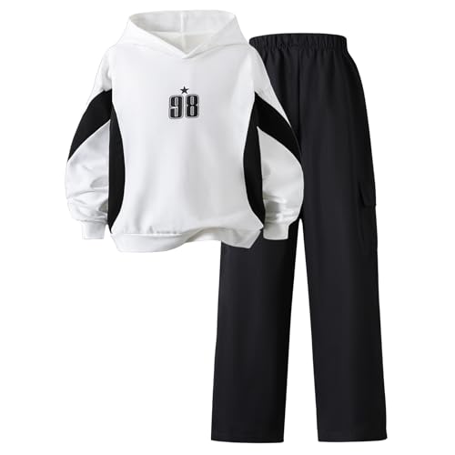 Girls' Hooded Sweatshirt and Pants Set, White and Black, Casual Jersey Outfit, 8-12 Years