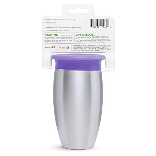 Image of Munchkin Stainless Steel Sippy Cups for Toddlers 1-3, Spill Proof Miracle 360 Cup, Insulated, Purple, 10 Ounces (Pack of 12)